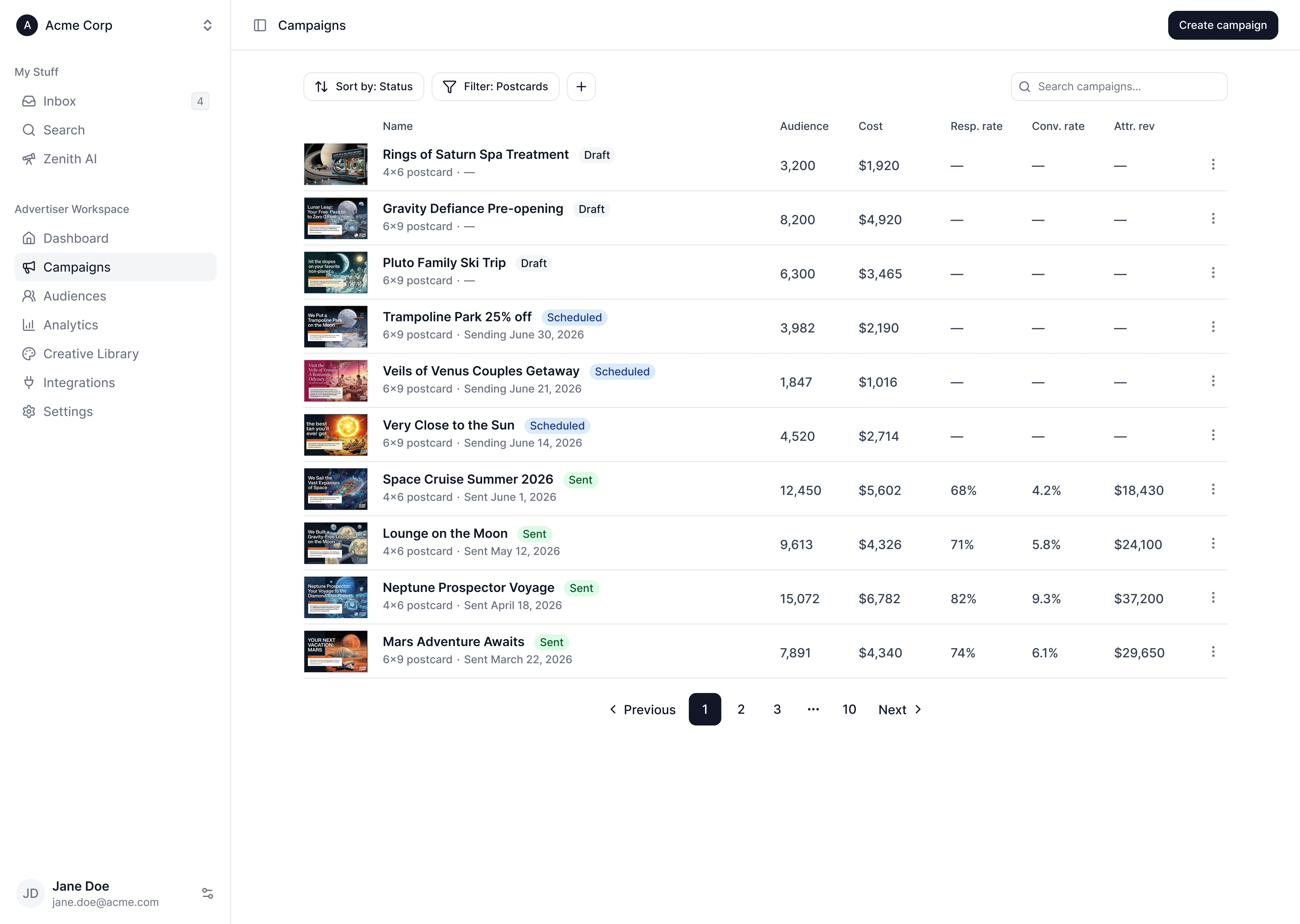 Campaigns list dashboard