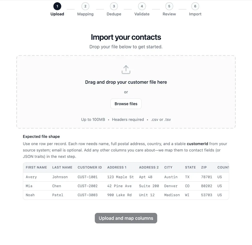 Contact import upload step