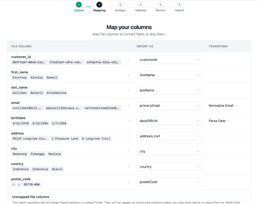 Contact import column mapping