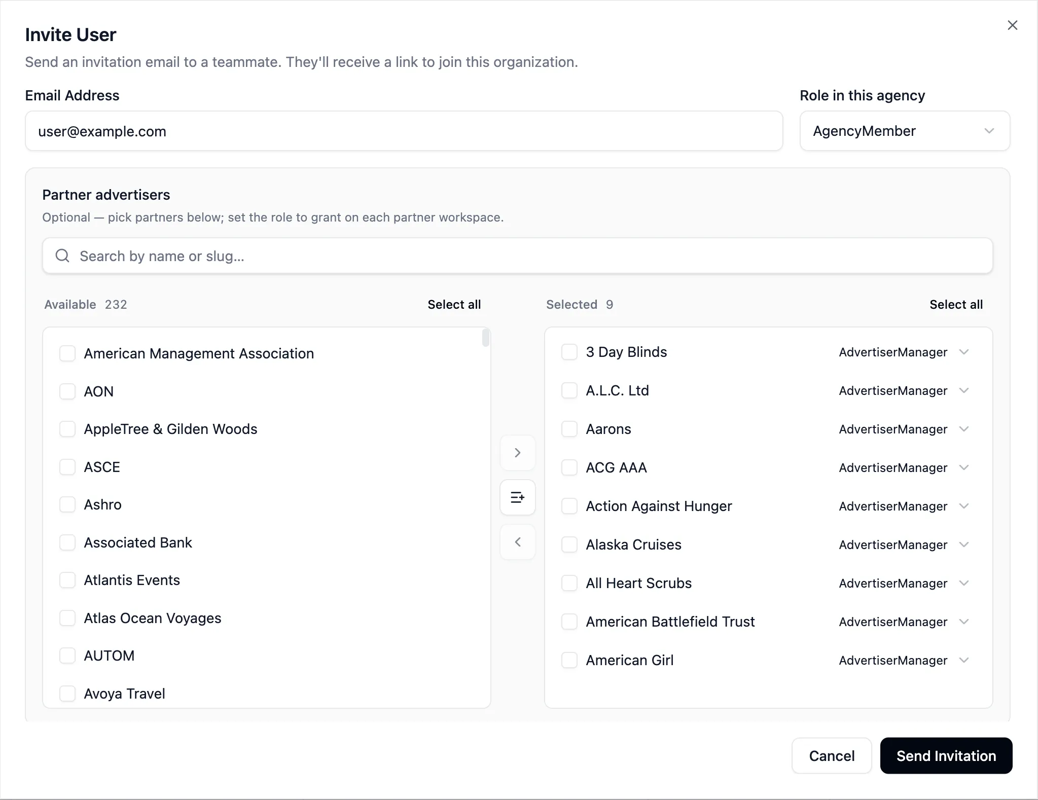 Invite user modal screenshot